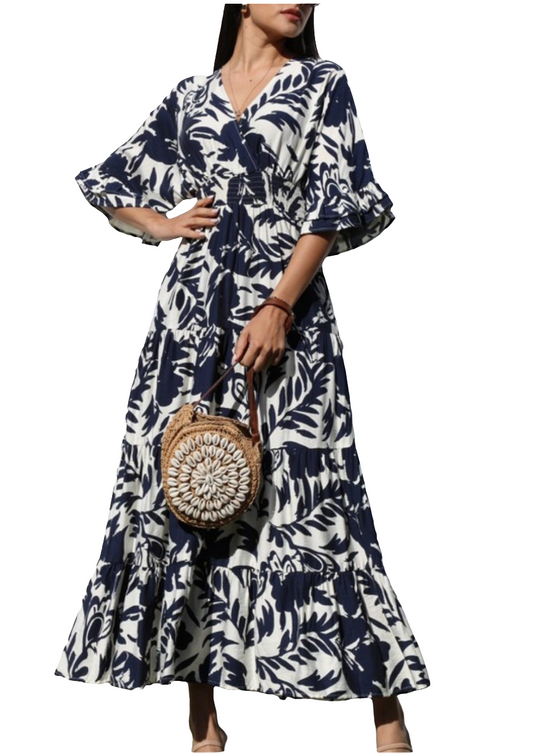 ***Print blue/white midi dress