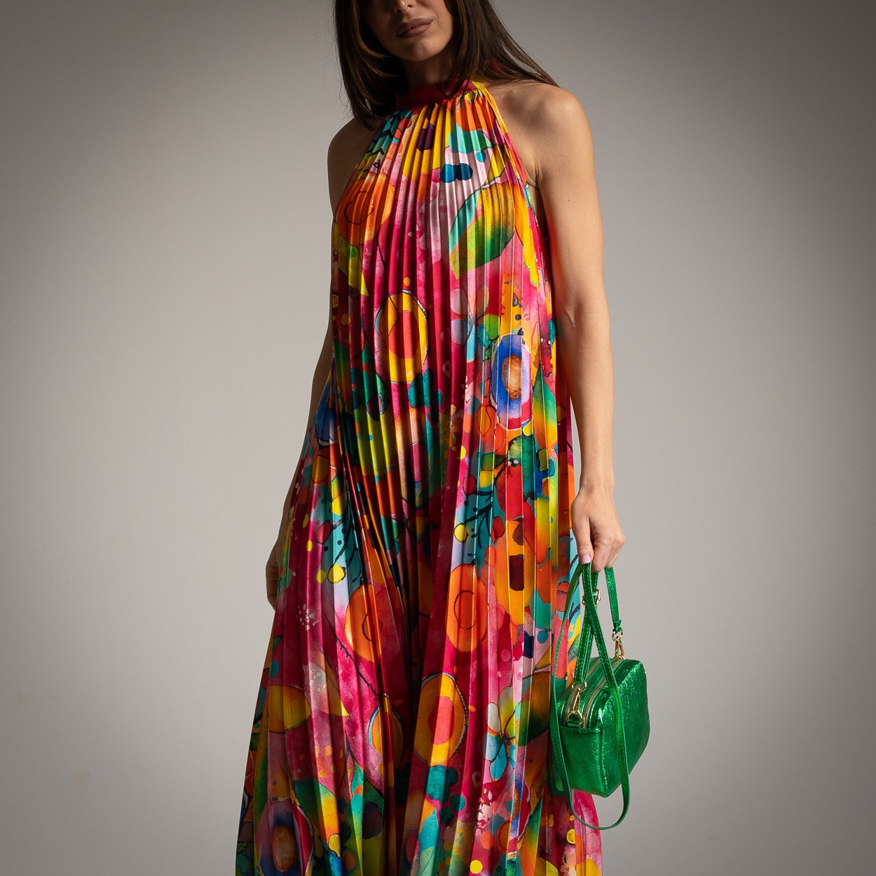 ****Halter pleated midi dress [pink]