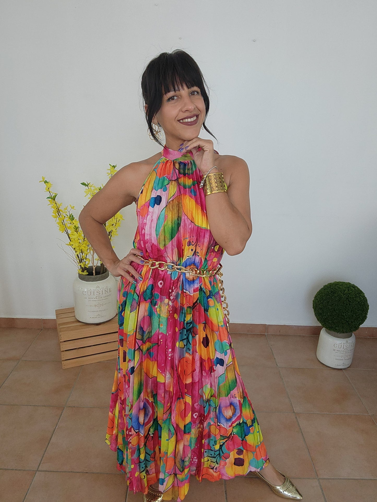 ****Halter pleated midi dress [pink]