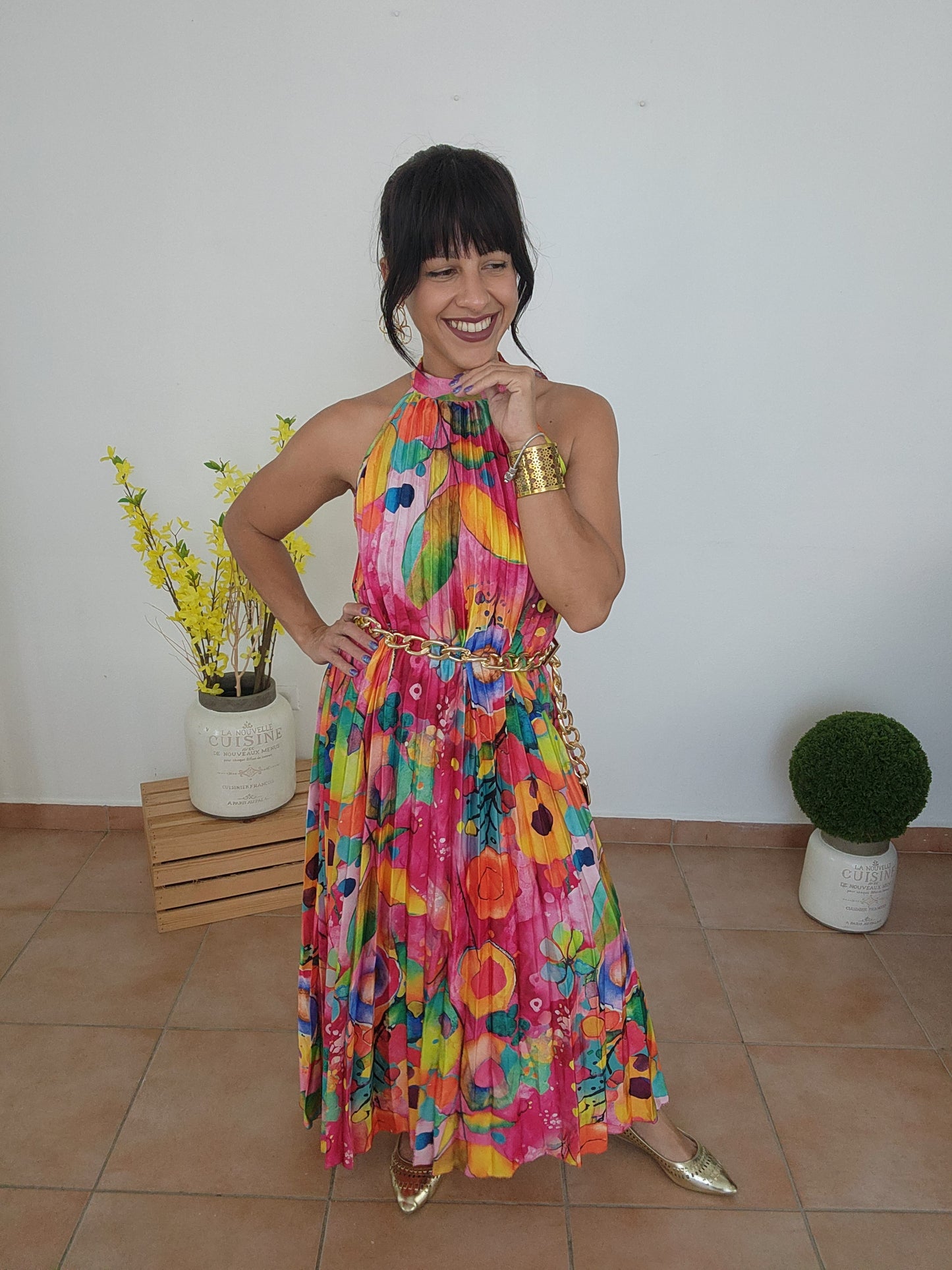 ****Halter pleated midi dress [pink]