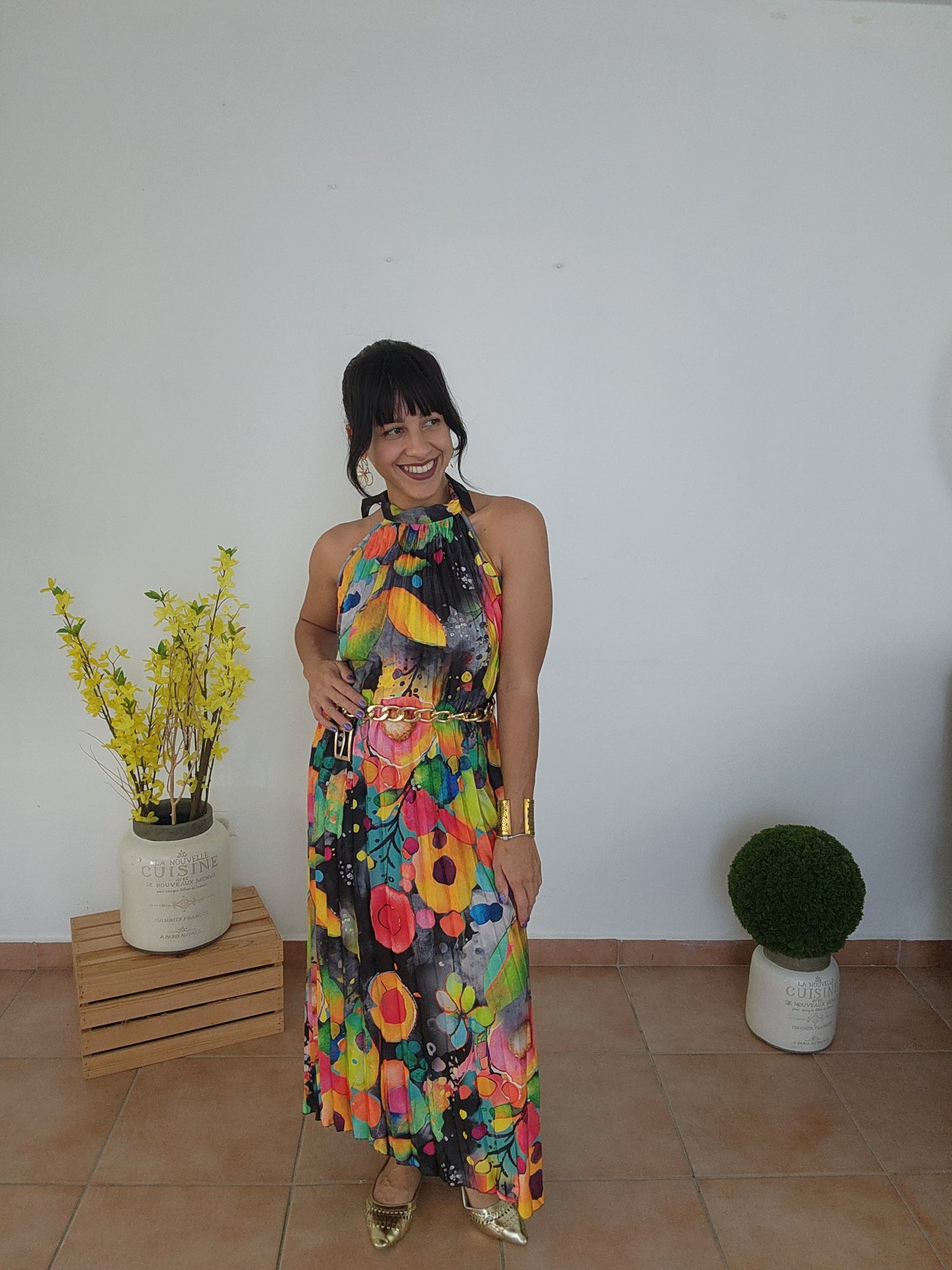 ****Halter pleated midi dress [black]