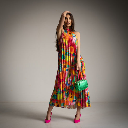 ****Halter pleated midi dress [pink]
